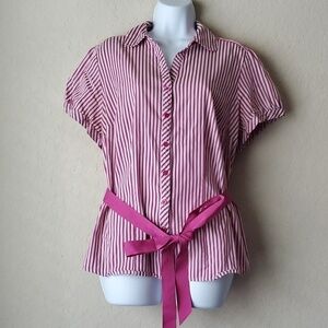 Lane Bryant 1X Striped Waist Tie Button Puff Sleeve Retro Y2K top